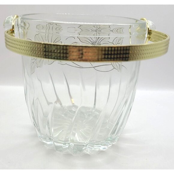 Vintage Clear Glass Ice Bucket With Gold Floral Design & Handle - Picture 3 of 7